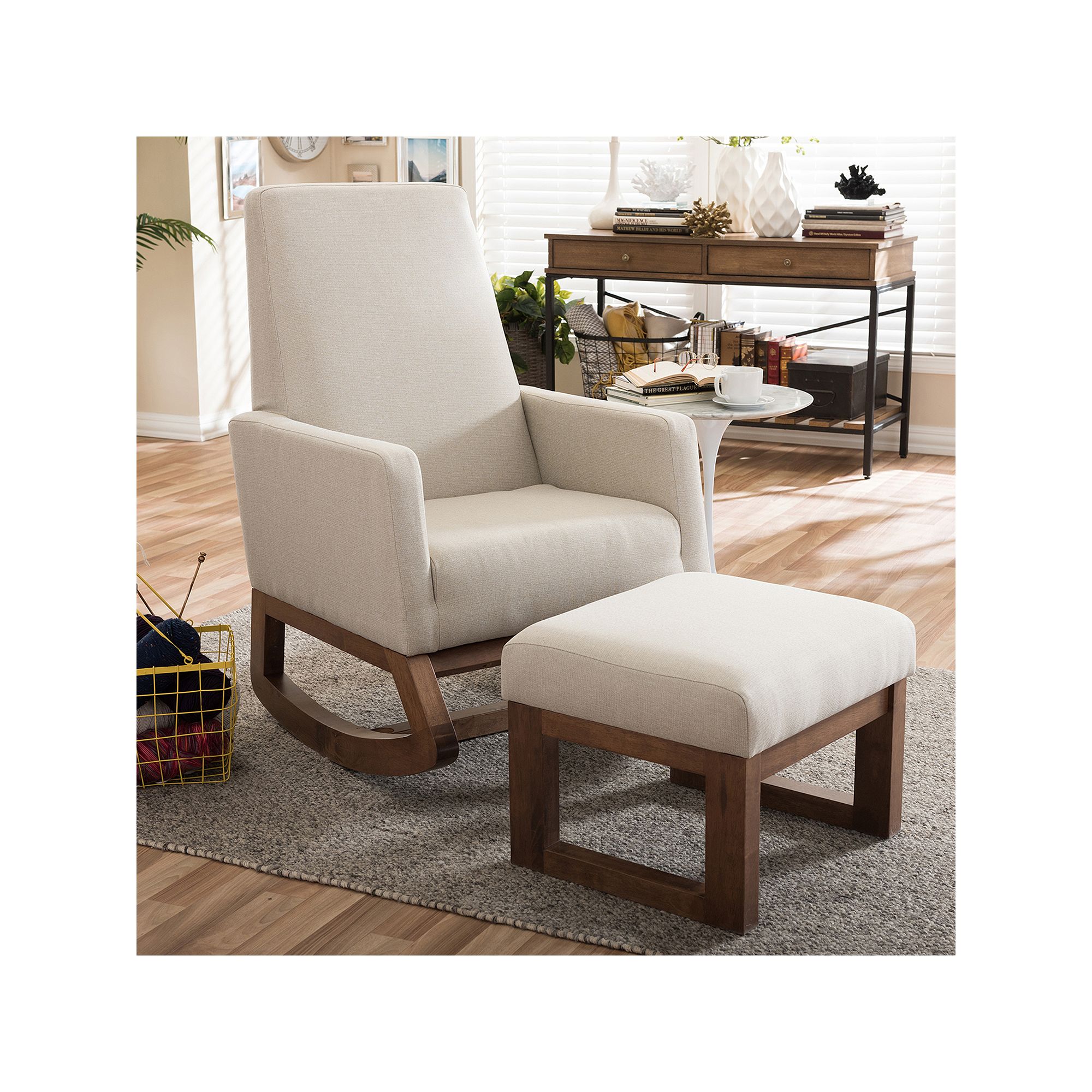 Baxton Studio Mid-Century Rocking Chair & Stool 2-piece Set, Light Beige