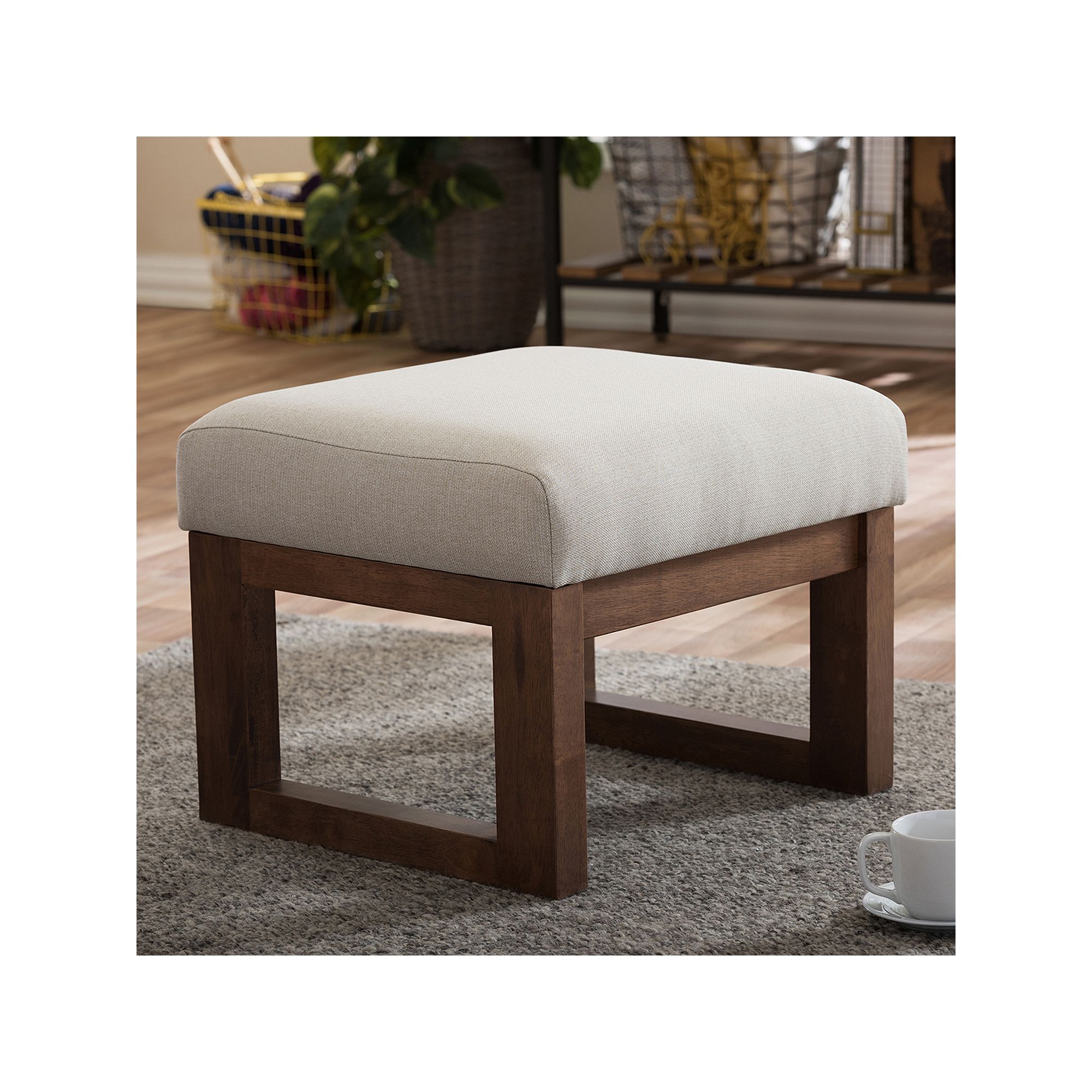 Baxton Studio Mid-Century Upholstered Stool, Light Beige