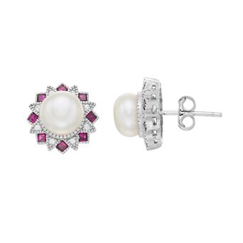 Sterling Silver Freshwater Cultured Pearl, Lab-Created Ruby & White Sapphire Stud Earrings