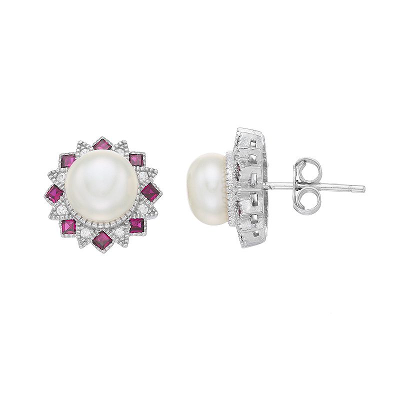 Sterling Silver Freshwater Cultured Pearl, Lab-Created Ruby & White Sapphir