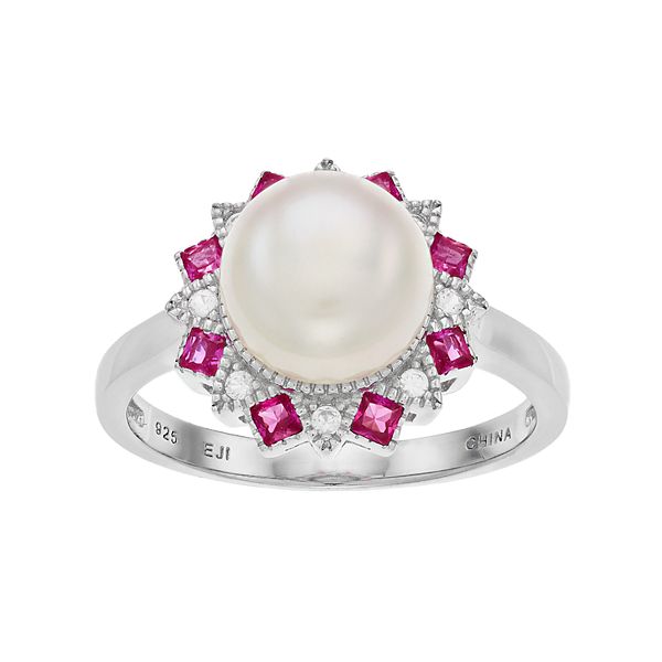 Sterling Silver Freshwater Cultured Pearl & Lab-Created Ruby Ring