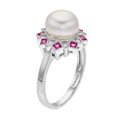 Sterling Silver Freshwater Cultured Pearl & Lab-Created Ruby Ring