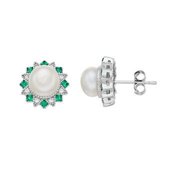 Sterling Silver Freshwater Cultured Pearl, Lab-Created Green Spinel & White Sapphire Stud Earrings