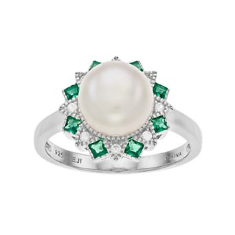 Sterling Silver Freshwater Cultured Pearl & Lab-Created Green Spinel Ring