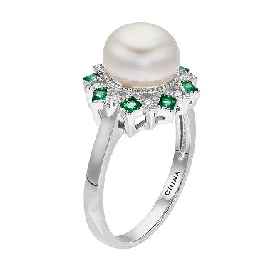 Sterling Silver Freshwater Cultured Pearl & Lab-Created Green Spinel Ring