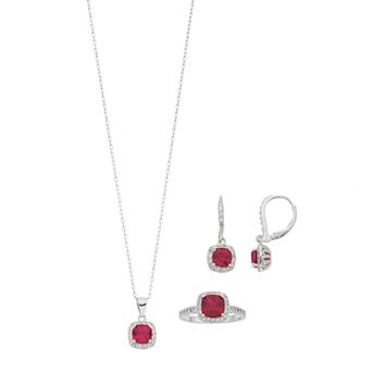 Sterling Silver Lab-Created Ruby & White Sapphire Halo Jewelry Set