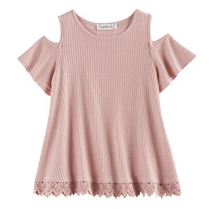 Girls 7-16 & Plus Size Cloud Chaser Crochet Trim Cold Shoulder Top