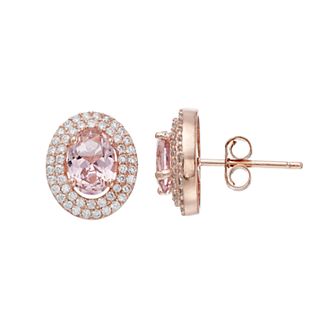 18k Rose Gold Over Silver Pink Crystal & Cubic Zirconia Oval Halo Stud Earrings