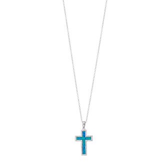 Sterling Silver Lab-Created Blue Opal & Cubic Zirconia Cross Pendant