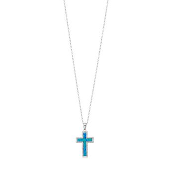 Sterling Silver Lab-Created Blue Opal & Cubic Zirconia Cross Pendant