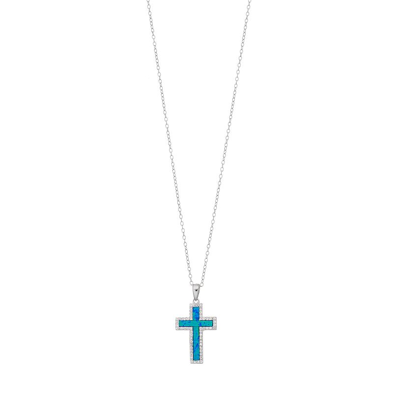 Sterling Silver Lab-Created Blue Opal & Cubic Zirconia Cross Pendant, Wome