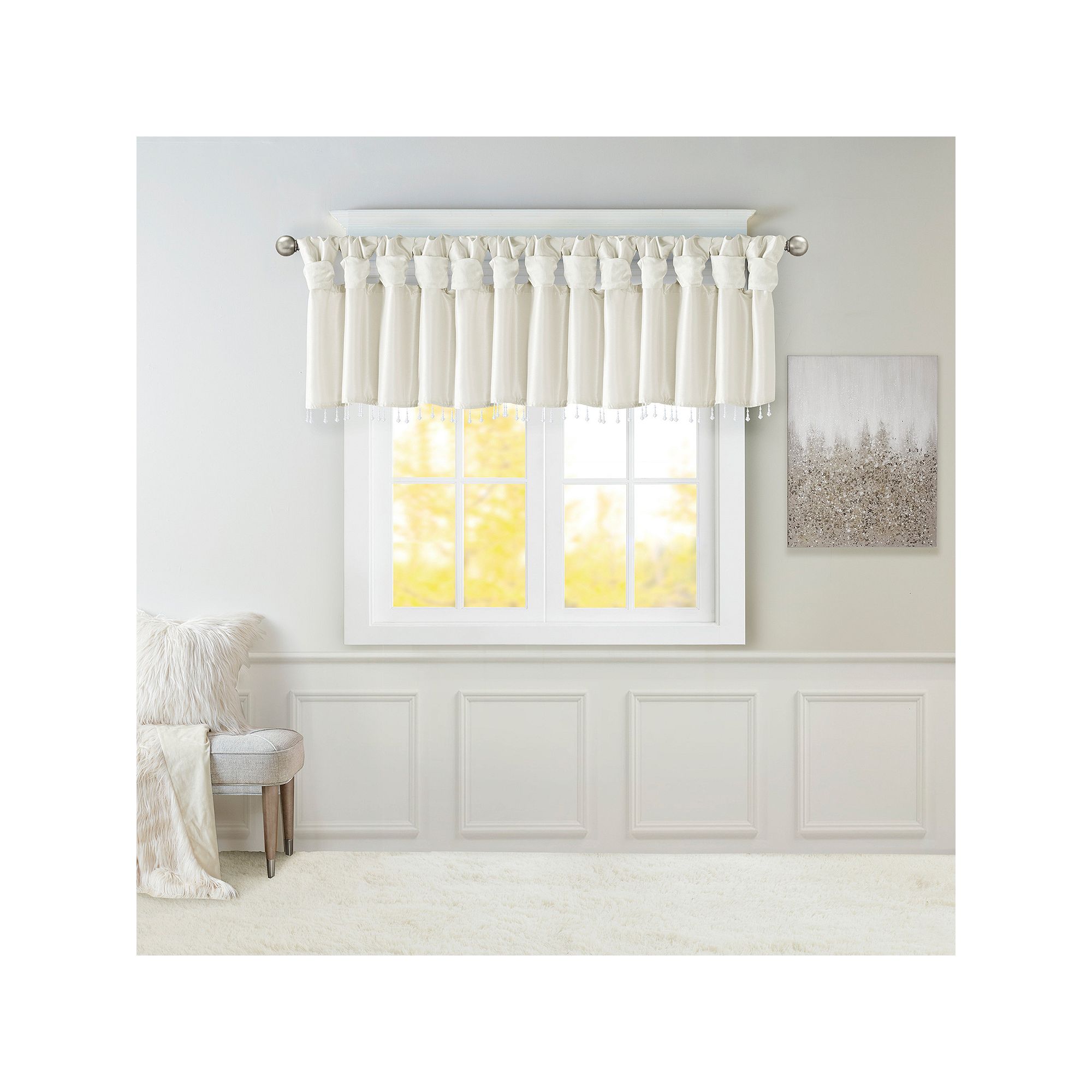Madison Park Natalie Twisted Tab Window Valance with Beads, White