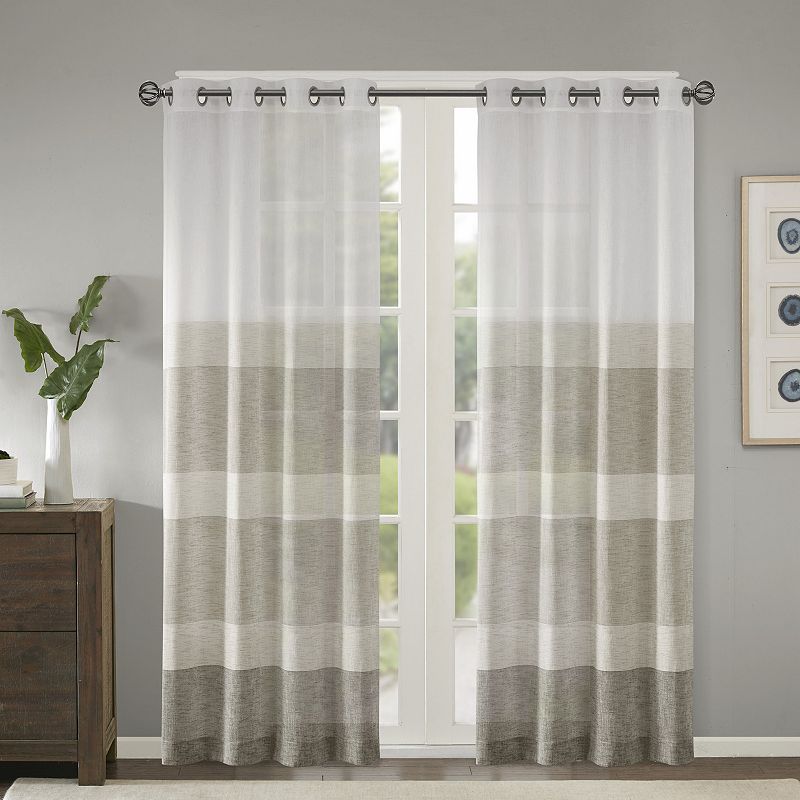 Madison Park Jasper Woven Faux Linen Striped Window Sheer, Beig/Green, 50X8