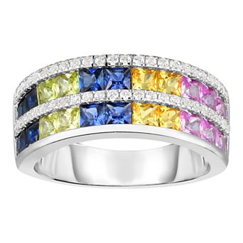 Oro Leoni Sterling Silver Lab-Created Multicolor Sapphire Ring