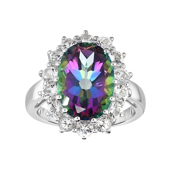 Sterling Silver Mystic Topaz & White Topaz Halo Ring