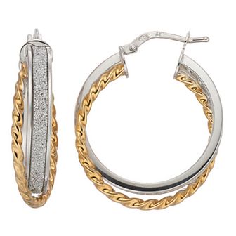 Two Tone Sterling Silver Twisted Rope Glitter Hoop Earrings
