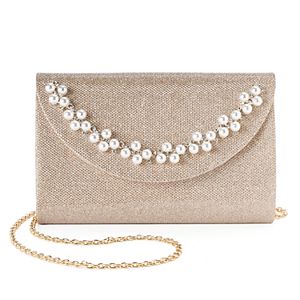 Lenore by La Regale Simulated Pearl Crescent Jacquard Flap Clutch