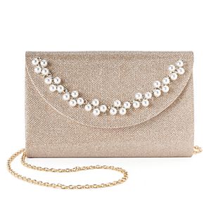 Lenore by La Regale Simulated Pearl Crescent Jacquard Flap Clutch