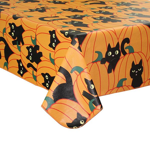 Celebrate Halloween Together Black Cat & Pumpkin Vinyl Tablecloth