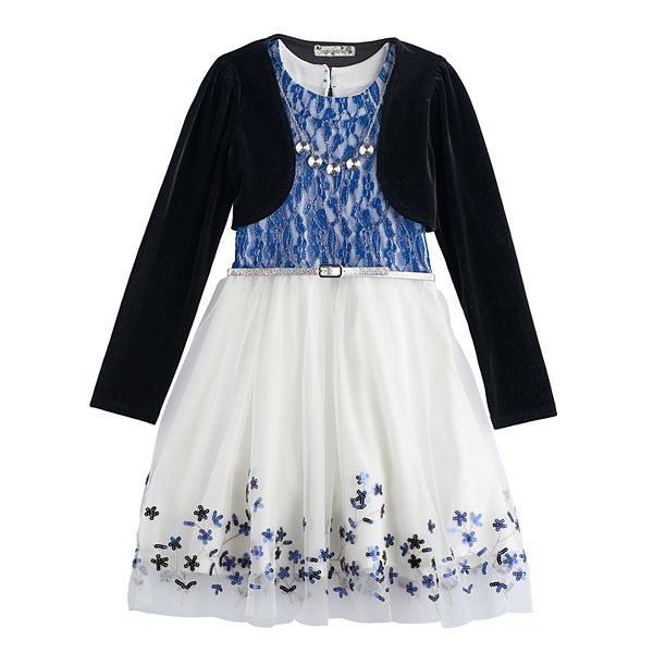 Girls 716 Knitworks Velvet Shrug & Lace Skater Dress Set with Necklace