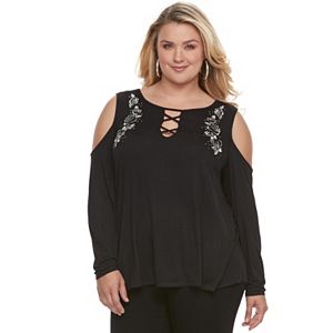 Plus Size Rock & Republic® Floral Embroidered Cold-Shoulder Top