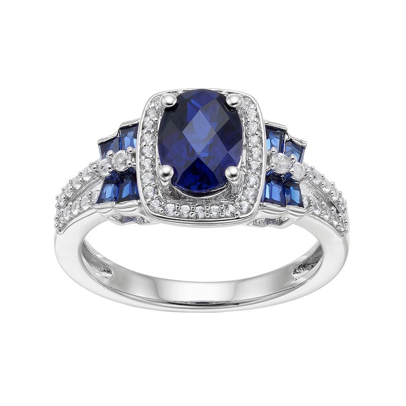 Sterling Silver Lab-Created Blue & White Sapphire Halo Ring, Womens, Size: