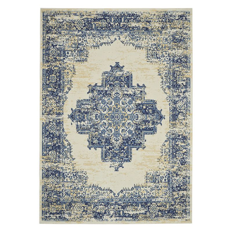 Nourison Grafix Distressed Vintage Medallion Rug, White, 8Ft Rnd