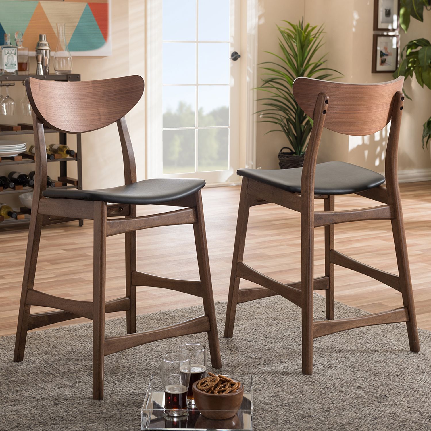 Baxton Studio Mid Century Modern Counter Stool 2 Piece Set   3050143 Black Faux Leather