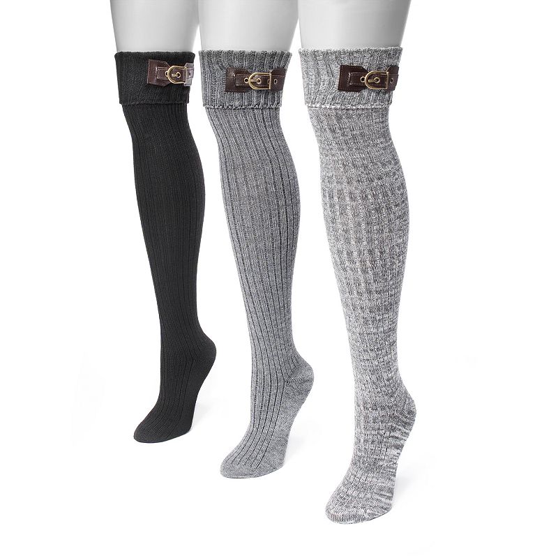 Women's MUK LUKS 3-pk. Buckle Cuff Over-the-Knee Socks, Black Pack