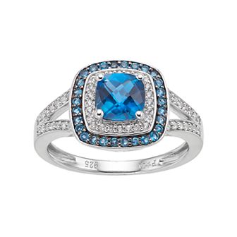 Sterling Silver Blue Topaz & Lab-Created White Sapphire Square Halo Ring