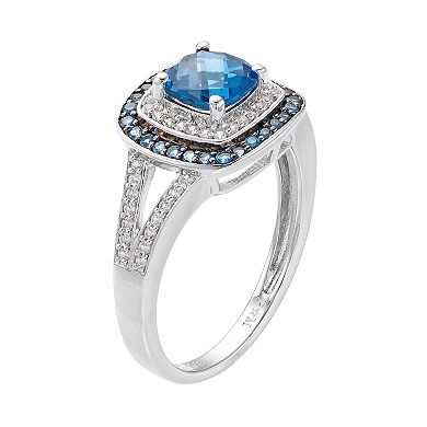 Sterling Silver Blue Topaz & Lab-Created White Sapphire Square Halo Ring