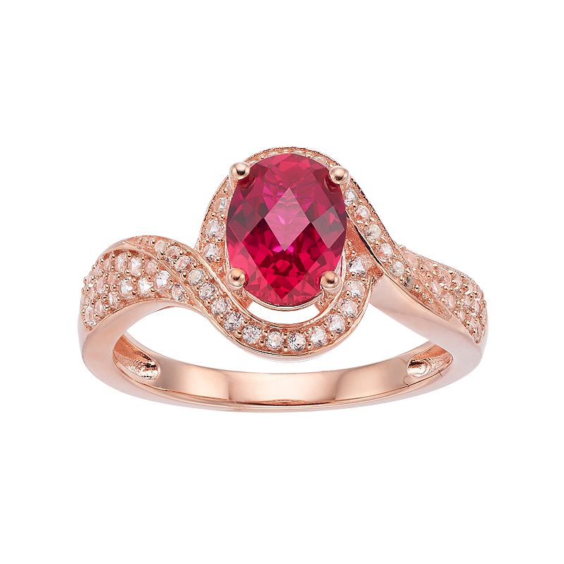 14k Rose Gold Over Silver Lab-Created Ruby & White Sapphire Halo Ring, Wome