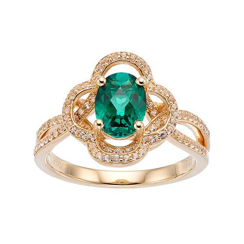 14k Gold Over Silver Lab-Created Emerald & White Sapphire Flower Ring