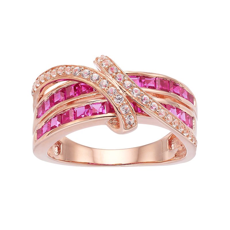 14k Rose Gold Over Silver Lab-Created Ruby & White Sapphire Bypass Ring, Wo