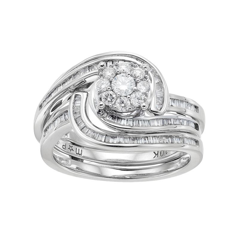 10k White Gold 3/4 Carat T.W. Diamond Swirl Engagement Ring Set, Womens, S