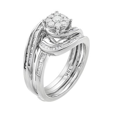 10k White Gold 3/4 Carat T.W. Diamond Swirl Engagement Ring Set