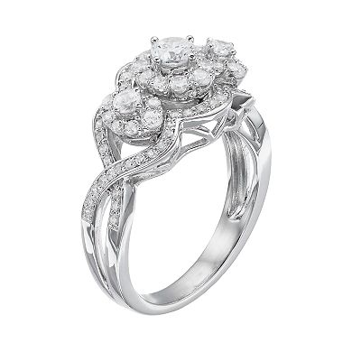 10k White Gold 1 Carat T.W. Diamond 3-Stone Halo Engagement Ring