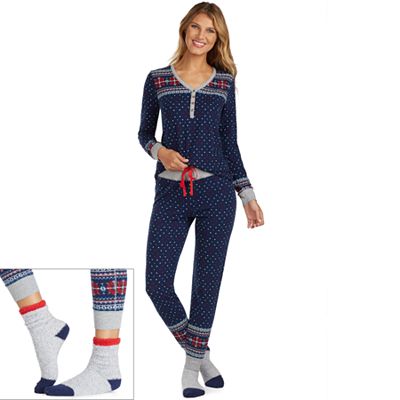 Women s Cuddl Duds Pajamas Lucky Stripes Sleep henley Sleep Top Banded Bottom Sleep Pants Pants Socks 3 Piece PJ Set