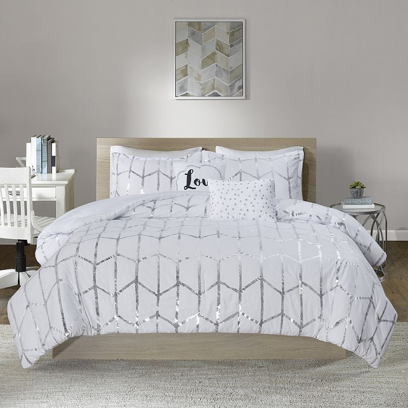 Intelligent Design Khloe Metallic Geometric Printed Comforter Set with Thro