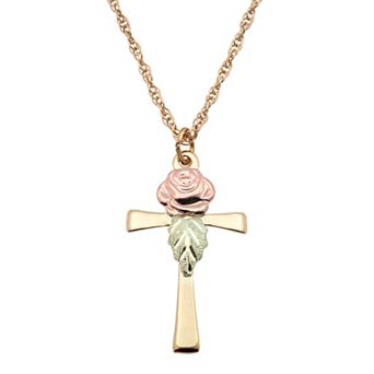 Black Hills Gold Tri Tone Rose Cross Pendant Necklace