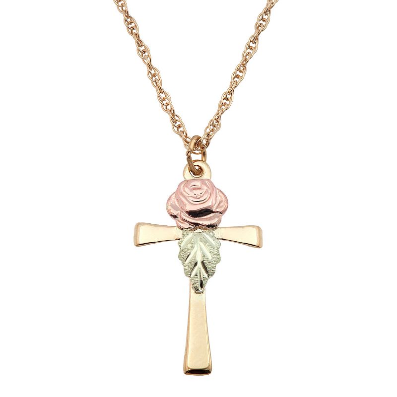 Black Hills Gold Tri Tone Rose Cross Pendant Necklace, Womens, Size: 18