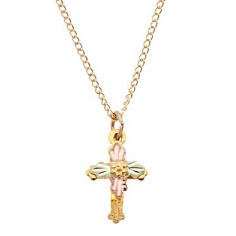 Black Hills Gold Tri Tone Flower Cross Pendant Necklace