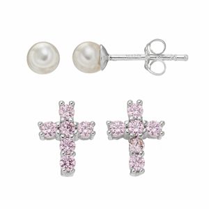 Charming Girl Kids' Cubic Zirconia Cross & Freshwater Cultured Pearl Stud Earring Set