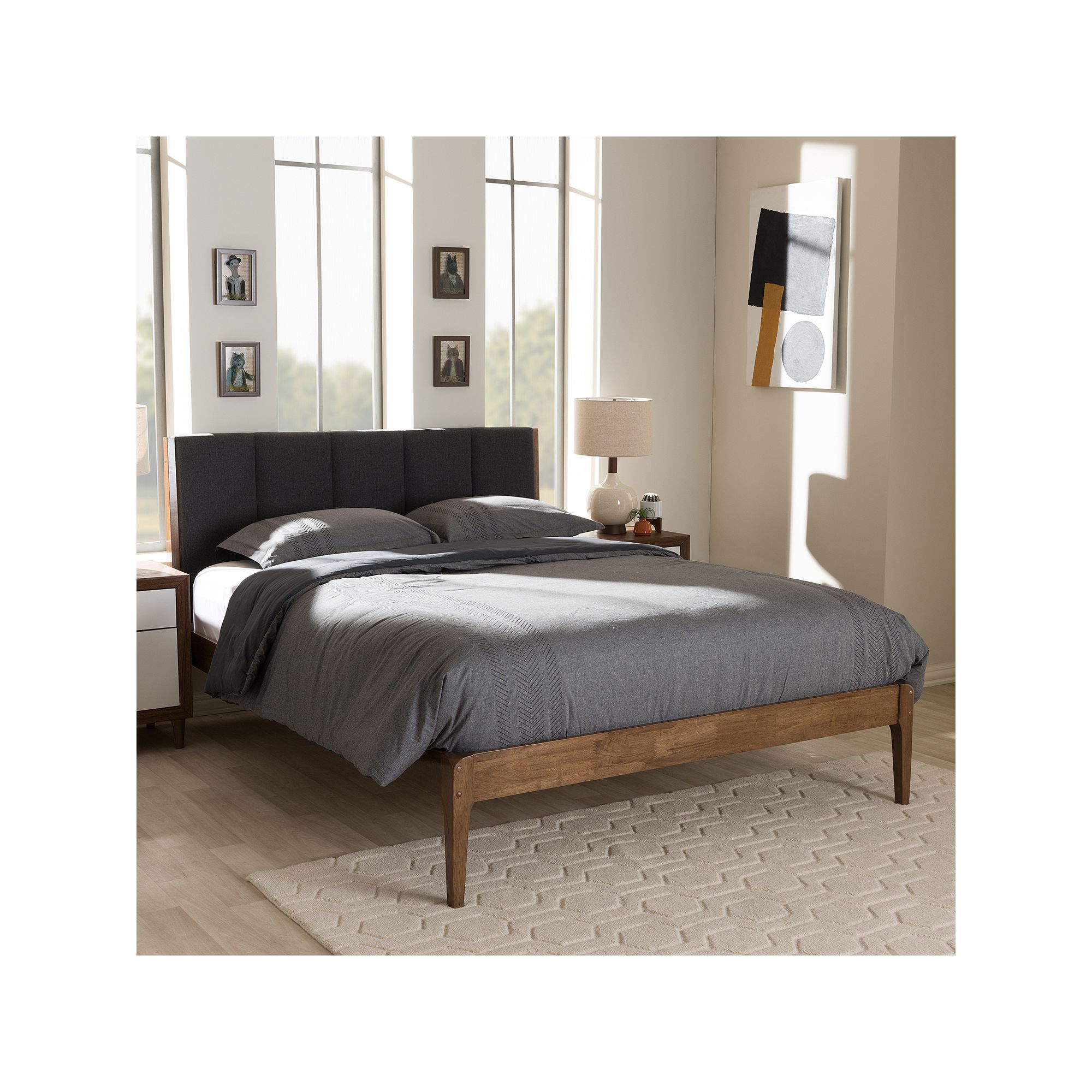 Baxton Studio Ember Mid-Century Upholstered Bed, Dark Gray
