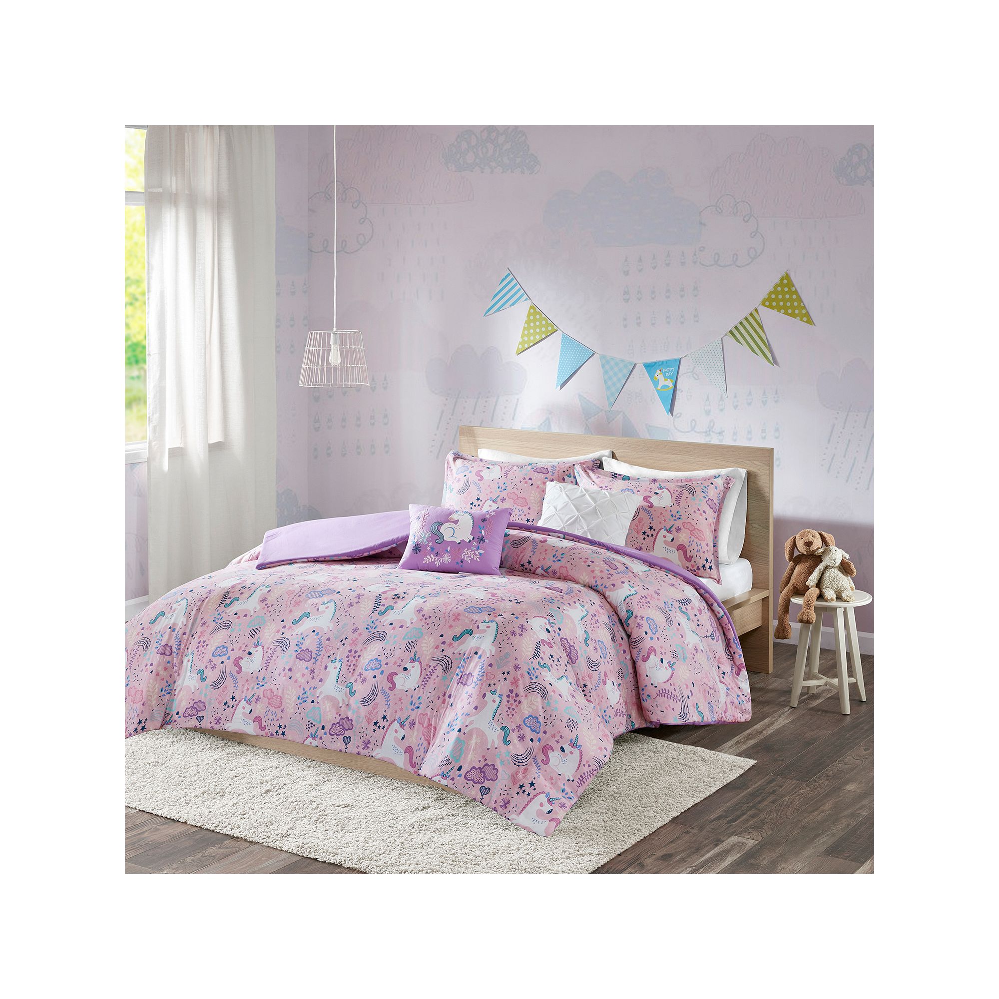 Intelligent Design Ella Unicorn Duvet Cover Set with Throw Pillows, Pink