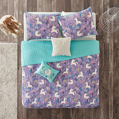 Intelligent Design Ella Cotton Reversible Unicorn Quilt Set with Shams and Decorative Pillows