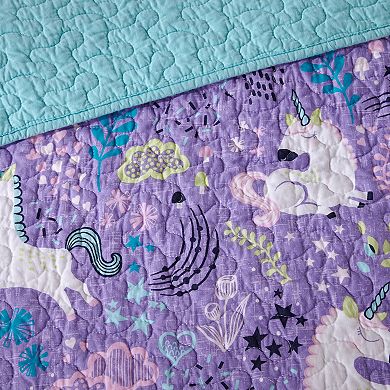 Intelligent Design Ella Cotton Reversible Unicorn Quilt Set with Shams and Decorative Pillows