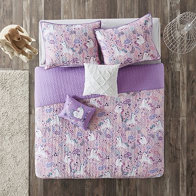Intelligent Design Ella Cotton Reversible Unicorn Quilt Set with Shams and Decorative Pillows