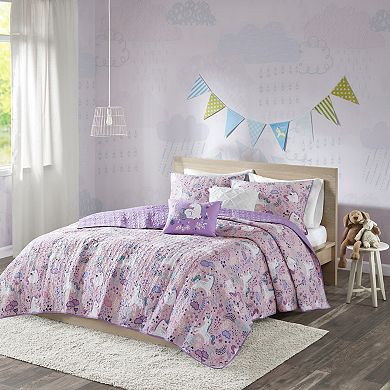 Intelligent Design Ella Cotton Reversible Unicorn Quilt Set with Shams and Decorative Pillows