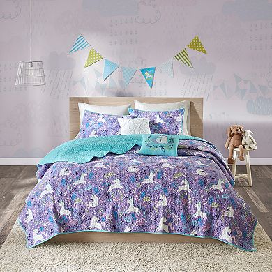 Intelligent Design Ella Cotton Reversible Unicorn Quilt Set with Shams and Decorative Pillows